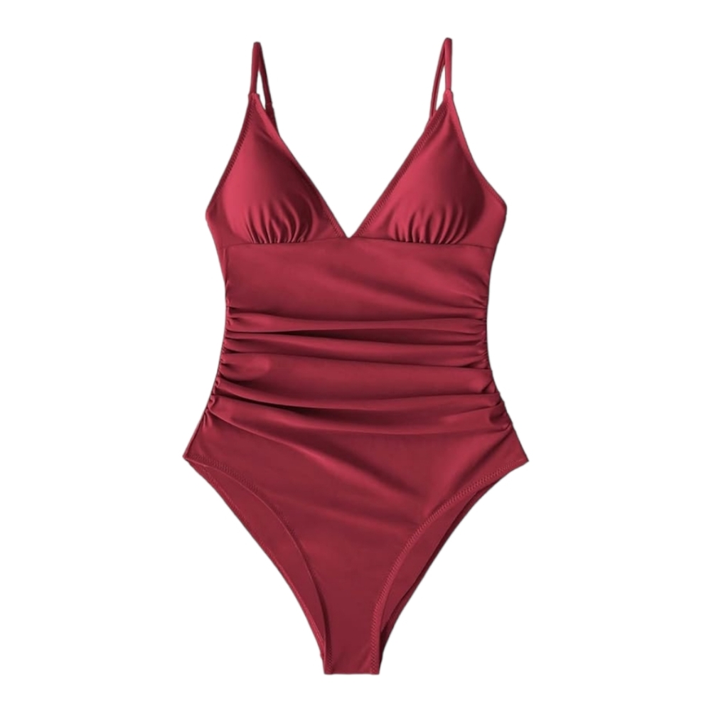 CUPSHE Swimwear Shirring Design V-Neck Low Back One Piece Swimsuit Red US Meduim